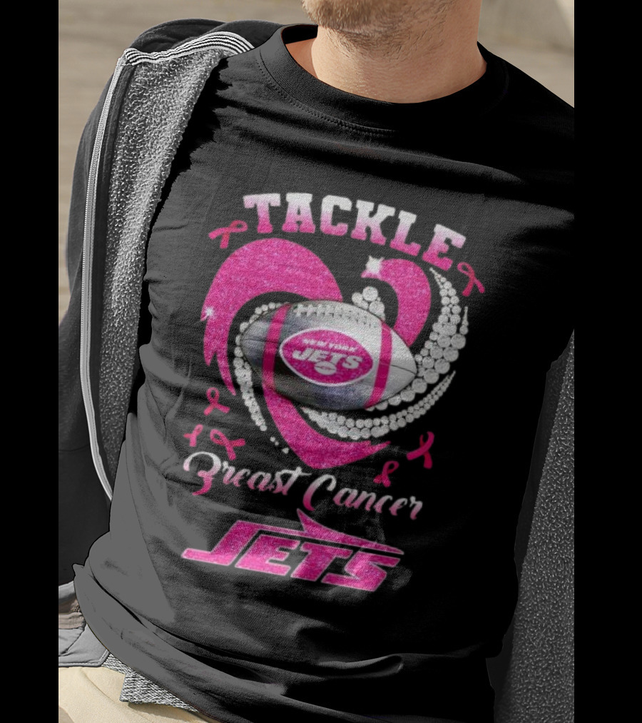 Tackle Breast Cancer New York Jets Football Heart Pink Ribbons T-Shirt