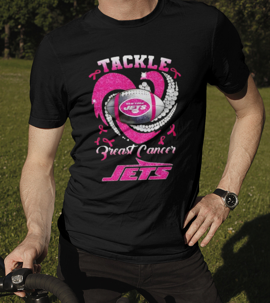 Tackle Breast Cancer New York Jets Football Heart Pink Ribbons T-Shirt