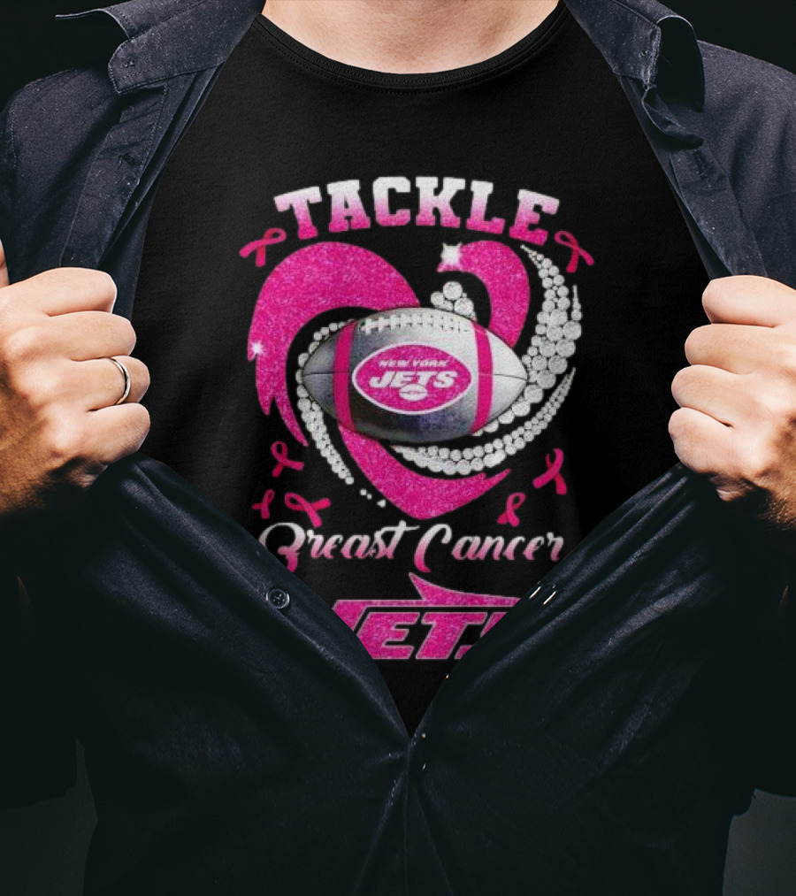 Tackle Breast Cancer New York Jets Football Heart Pink Ribbons T-Shirt