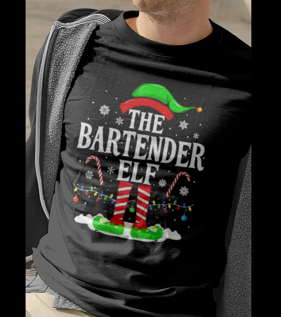 The Bartender Elf Christmas Candy Canes Festive Lights And Snowflakes T-Shirt