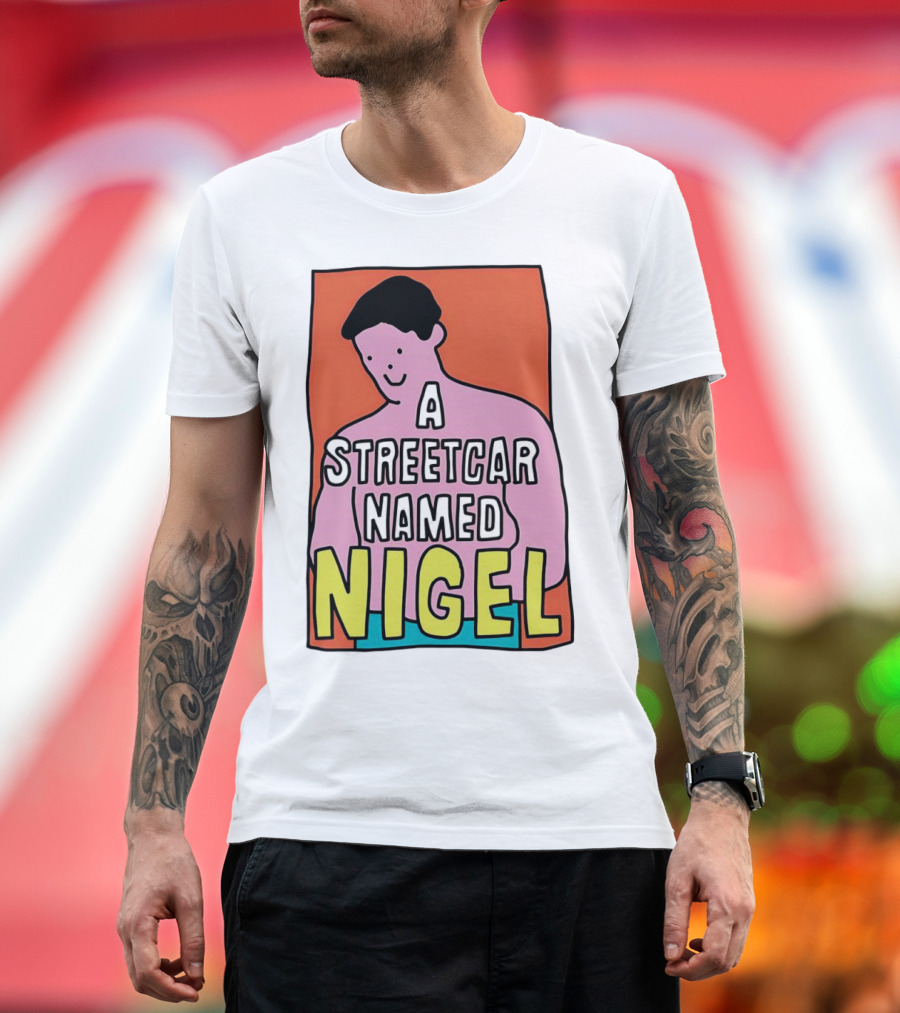 A Streetcar Named Nigel Pink Cartoon Character with Orange Background T-Shirt