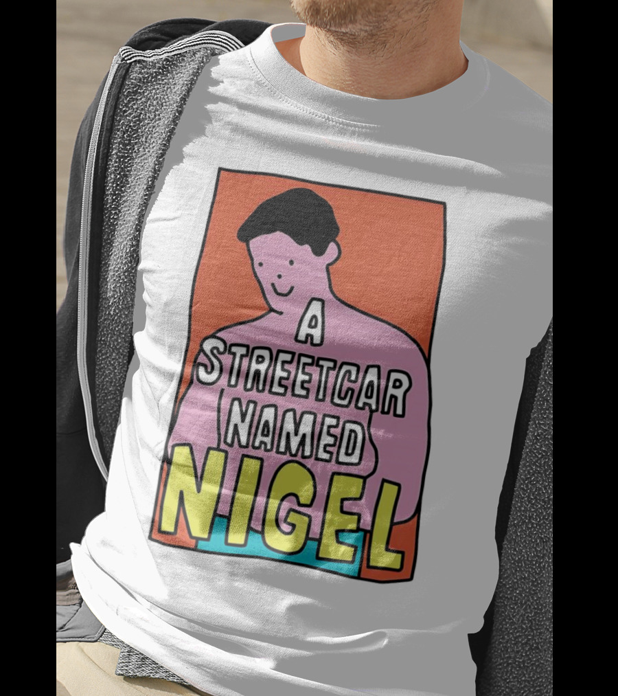 A Streetcar Named Nigel Pink Cartoon Character With Orange Background T-Shirt