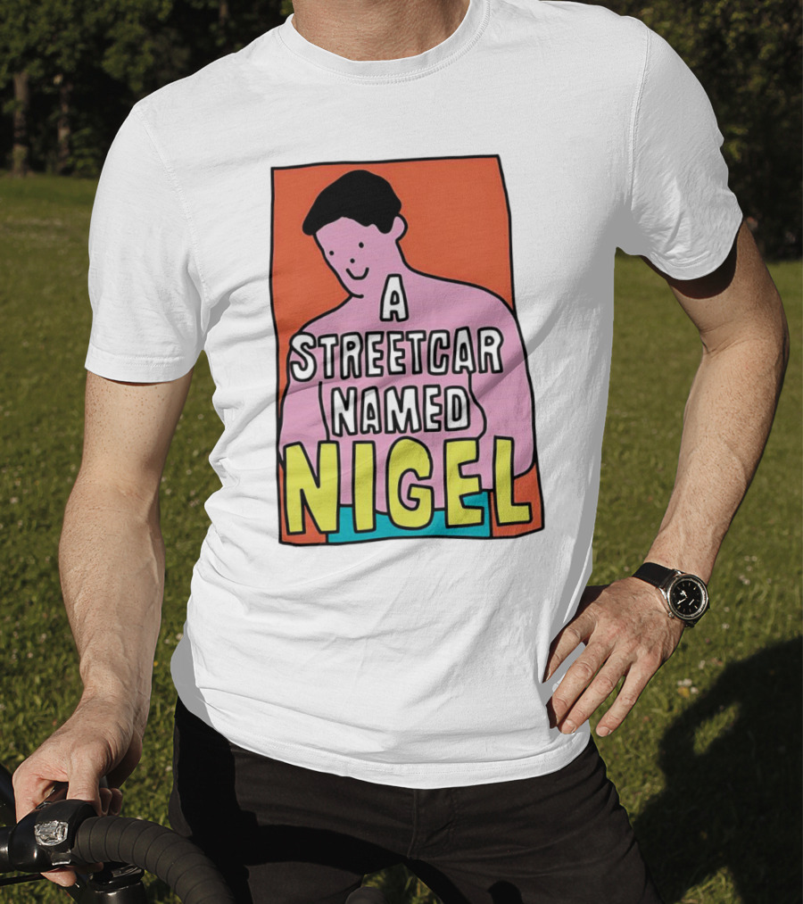A Streetcar Named Nigel Pink Cartoon Character With Orange Background T-Shirt
