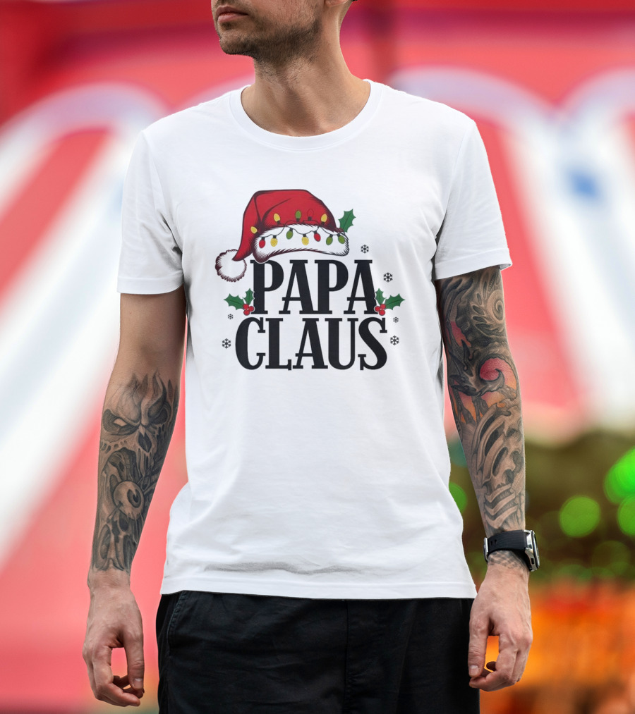 Papa Claus Christmas Santa Hat Holly Lights Snowflakes T-Shirt