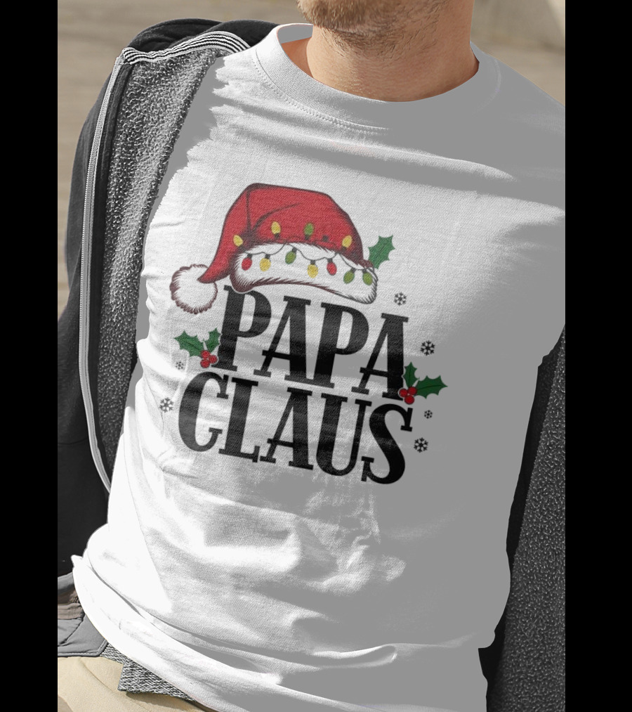 Papa Claus Christmas Santa Hat Holly Lights Snowflakes T-Shirt