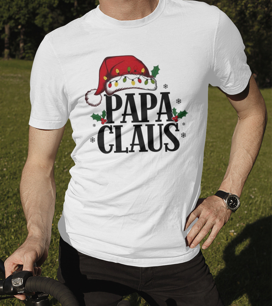 Papa Claus Christmas Santa Hat Holly Lights Snowflakes T-Shirt