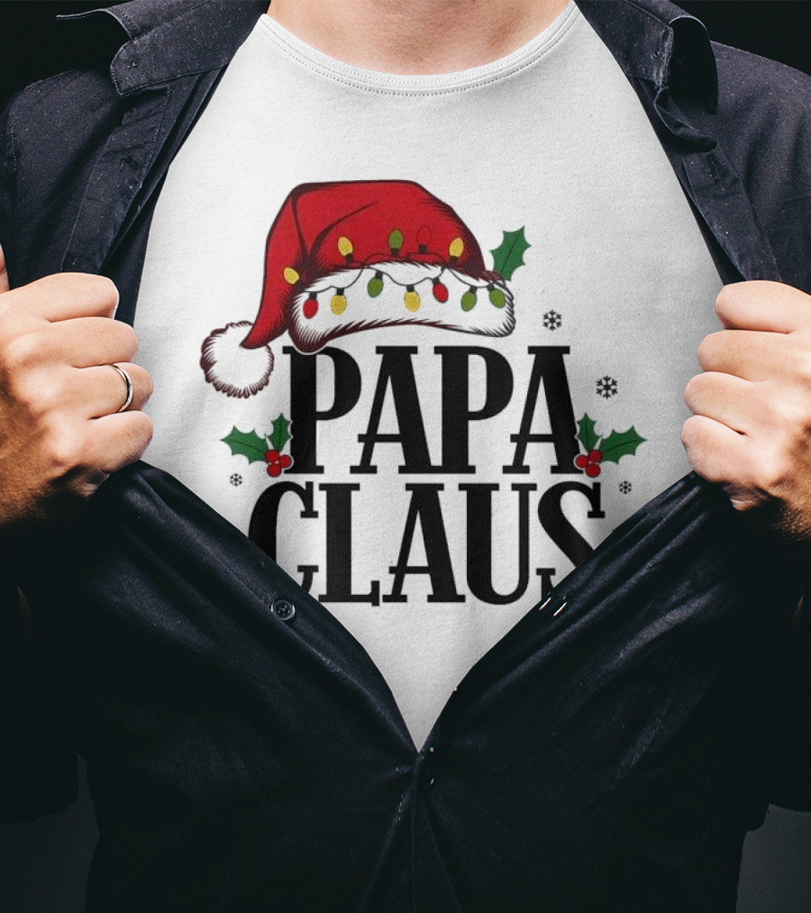 Papa Claus Christmas Santa Hat Holly Lights Snowflakes T-Shirt