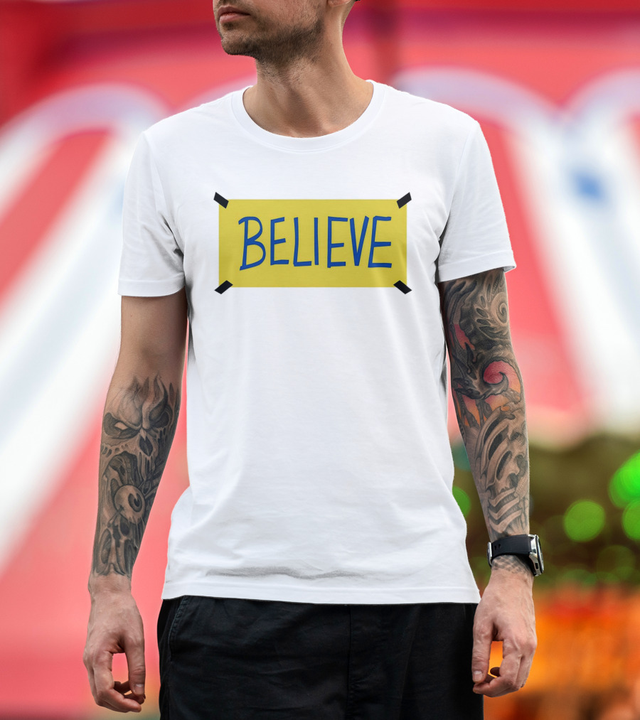 Ted Lasso Believe Sign Taped Yellow Background T-Shirt