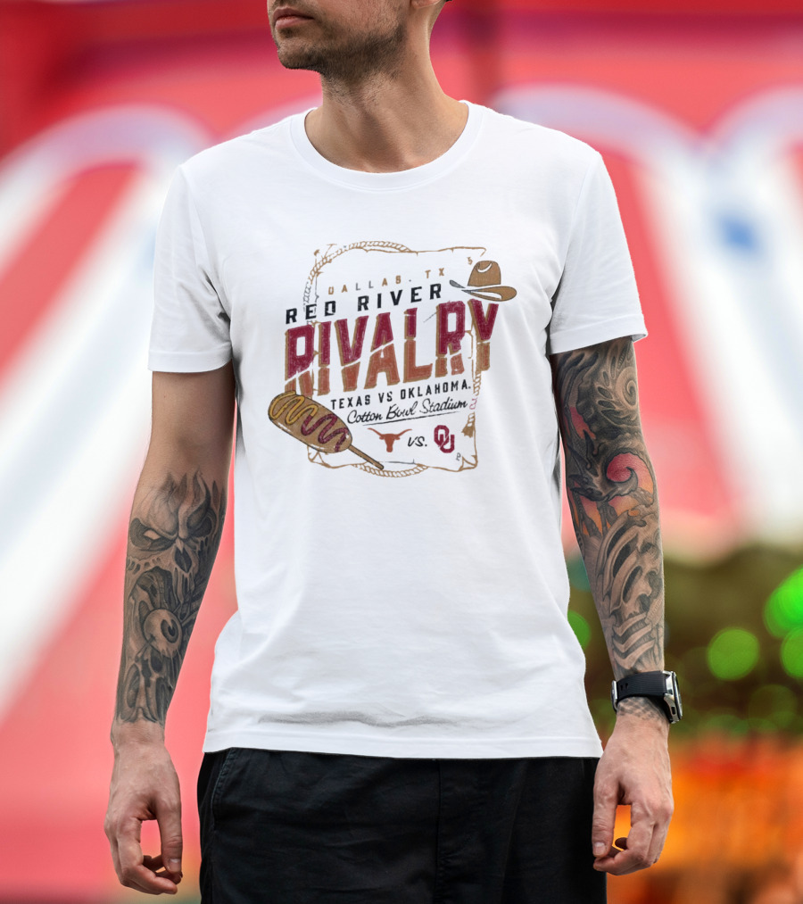 Dallas TX Red River Rivalry Texas vs Oklahoma Cotton Bowl Stadium Corn Dog Match Up T-Shirt