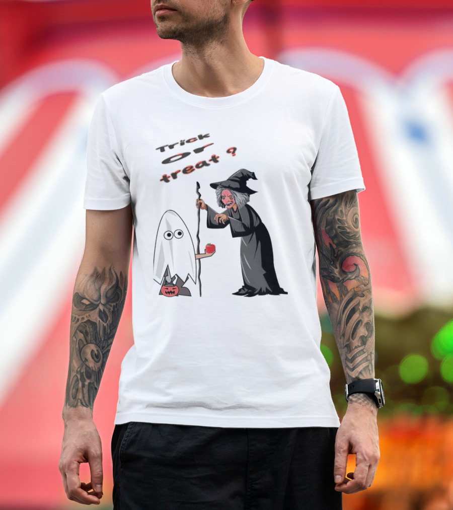 Trick or Treat Witch with Boo Ghost and Red Apple Halloween T-Shirt