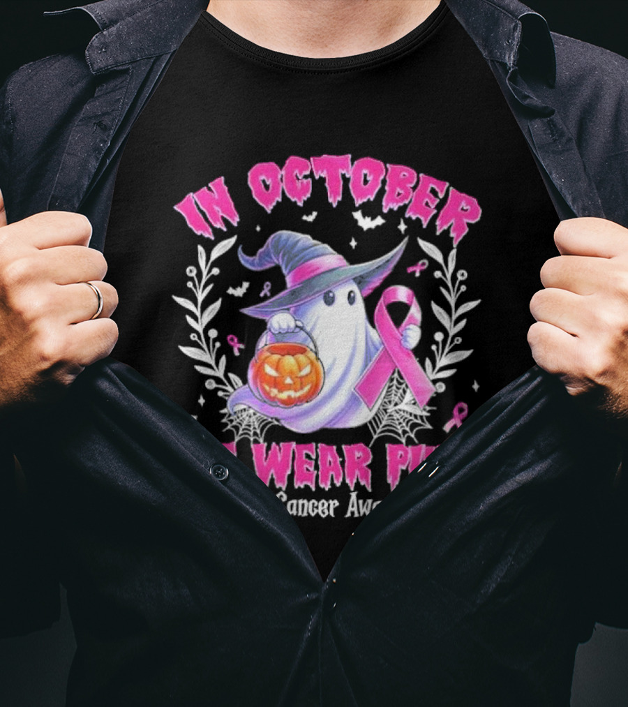 In October We Wear Pink Breast Cancer Awareness Ghost With Pumpkin And Witch Hat T-Shirt