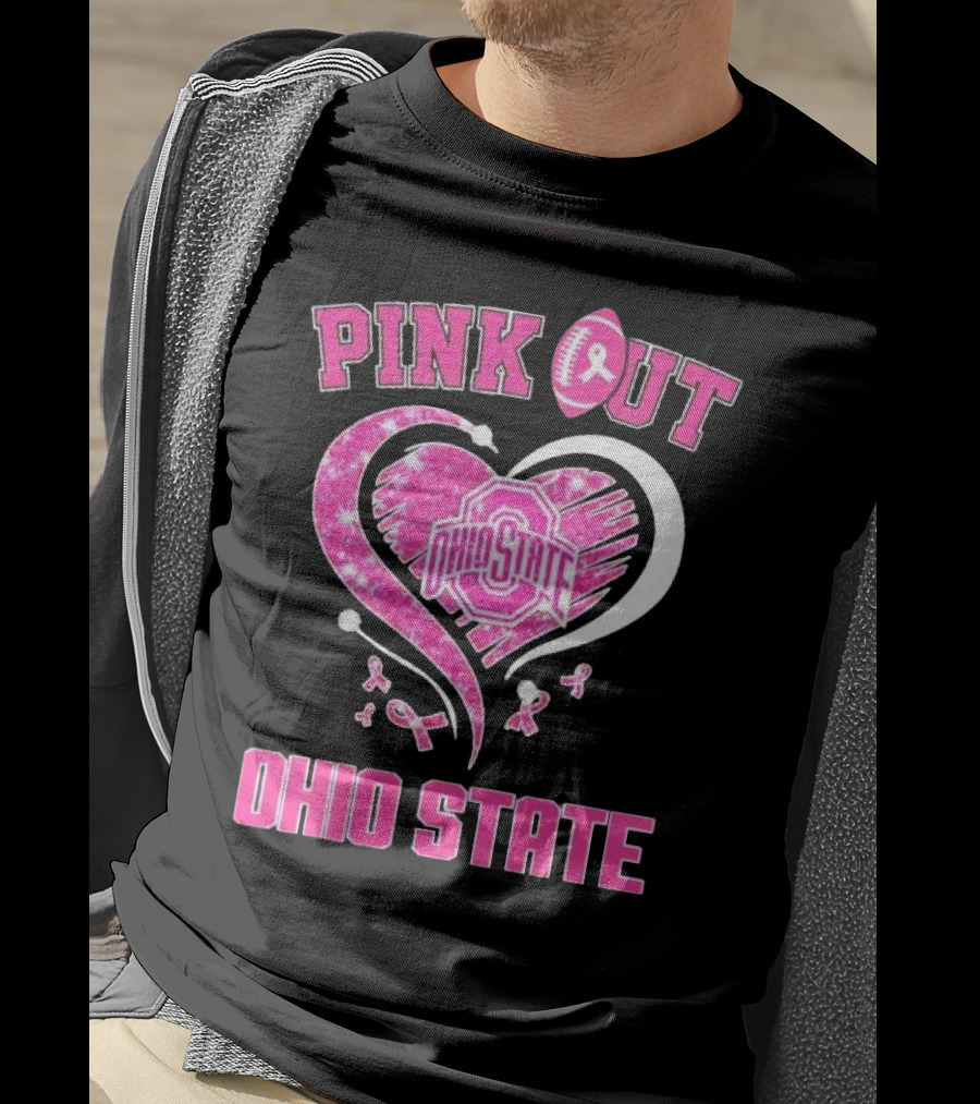 Ohio State Pink Out Breast Cancer Heart Football T-Shirt