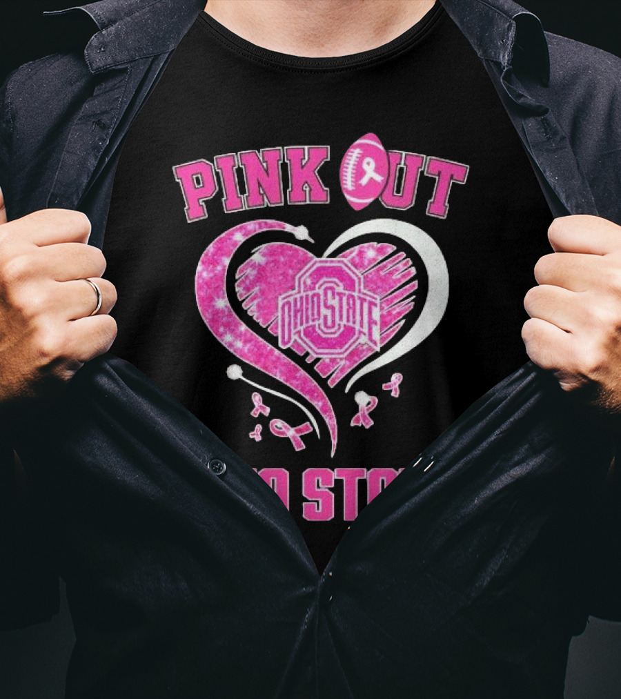 Ohio State Pink Out Breast Cancer Heart Football T-Shirt