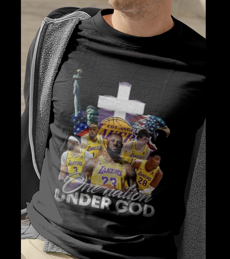 Los Angeles Lakers One Nation Under God Statue Of Liberty Cross Eagle Basketball Players T-Shirt