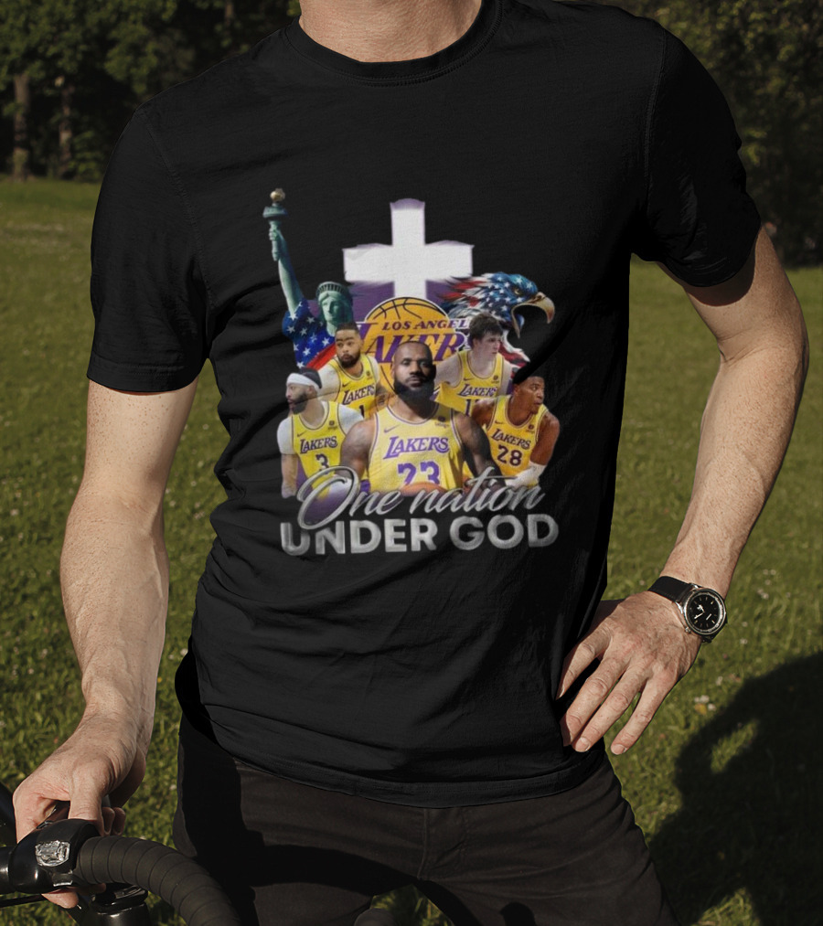 Los Angeles Lakers One Nation Under God Statue Of Liberty Cross Eagle Basketball Players T-Shirt