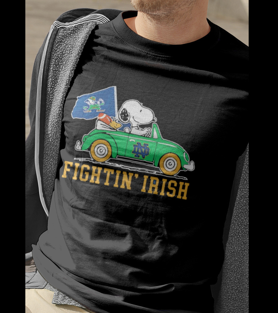 Snoopy And Woodstock Driving ND Car Fightin' Irish T-Shirt
