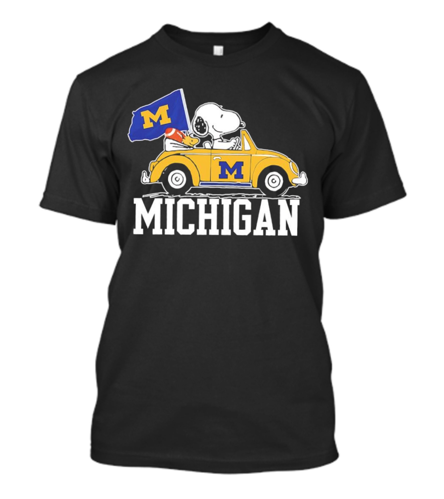 Snoopy And Woodstock Driving Car With Michigan Wolverines Flag T-Shirt