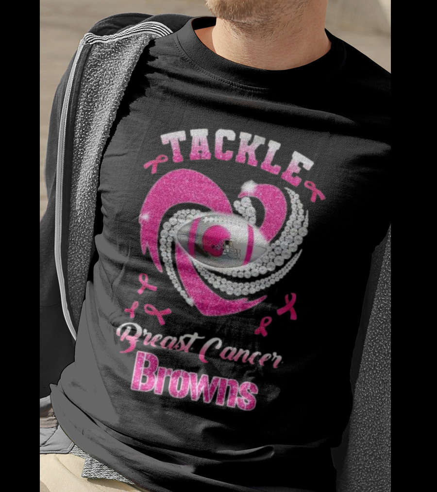 Tackle Breast Cancer Browns Pink Ribbon Football T-Shirt