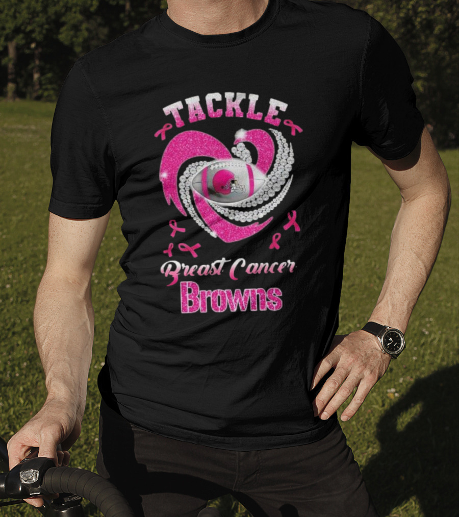 Tackle Breast Cancer Browns Pink Ribbon Football T-Shirt