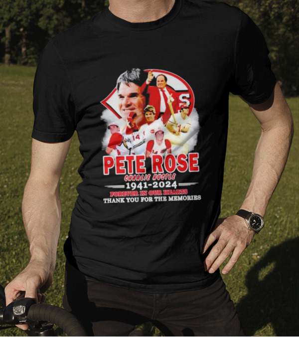 Pete Rose Cincinnati Reds Charlie Hustle 1941-2024 Forever In Our Hearts Thank You For The Memories T-Shirt