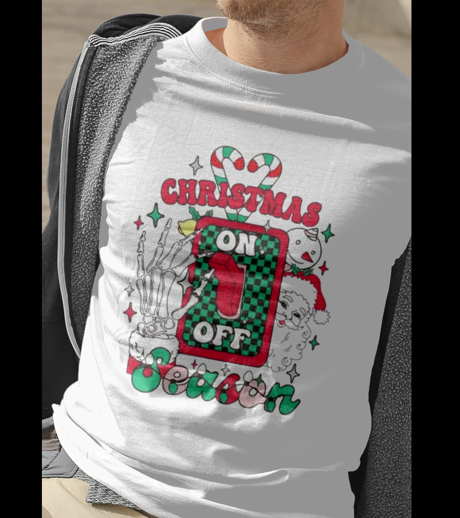 Christmas Season On Off Skeleton Hand Santa Claus T-Shirt