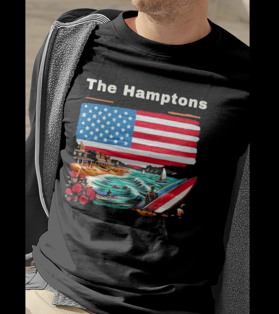 The Hamptons American Flag Beach Oceanside Surfing Scene T-Shirt
