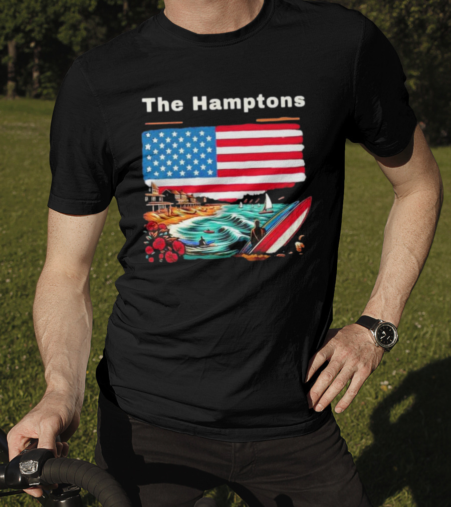 The Hamptons American Flag Beach Oceanside Surfing Scene T-Shirt