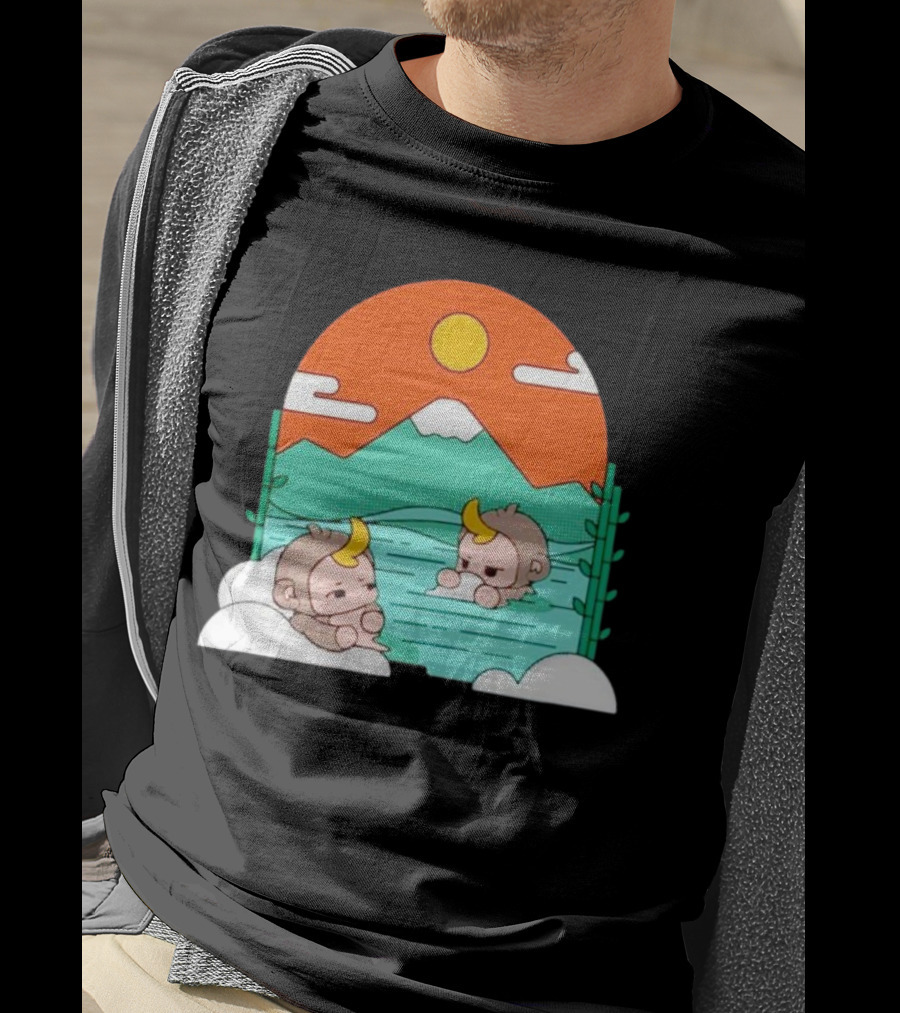The Tranquil Monkey Hot Spring Relaxation Scene With Mountains And Sun T-Shirt