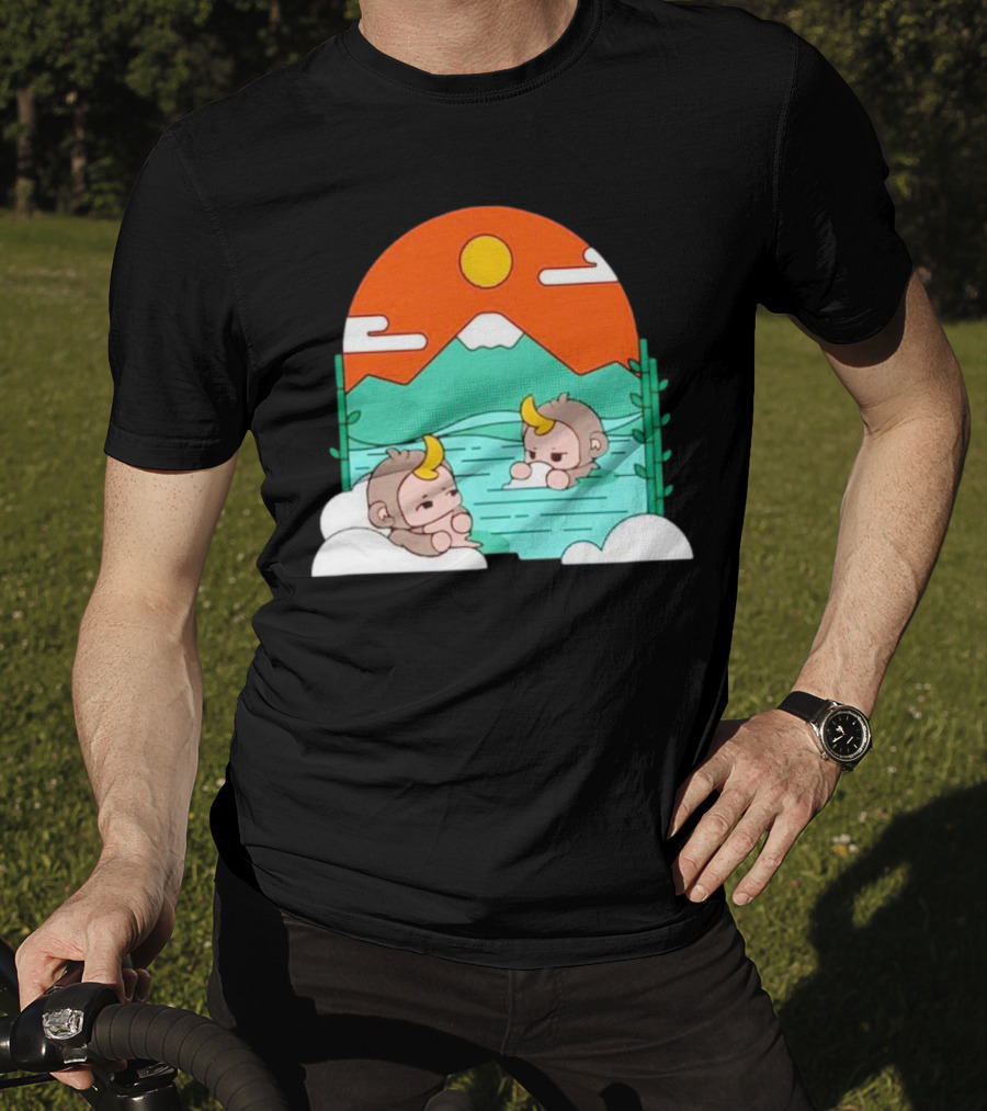 The Tranquil Monkey Hot Spring Relaxation Scene With Mountains And Sun T-Shirt