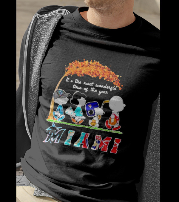 Miami Sports Peanuts Characters Walking Fall It's The Most Wonderful Time Of The Year T-Shirt