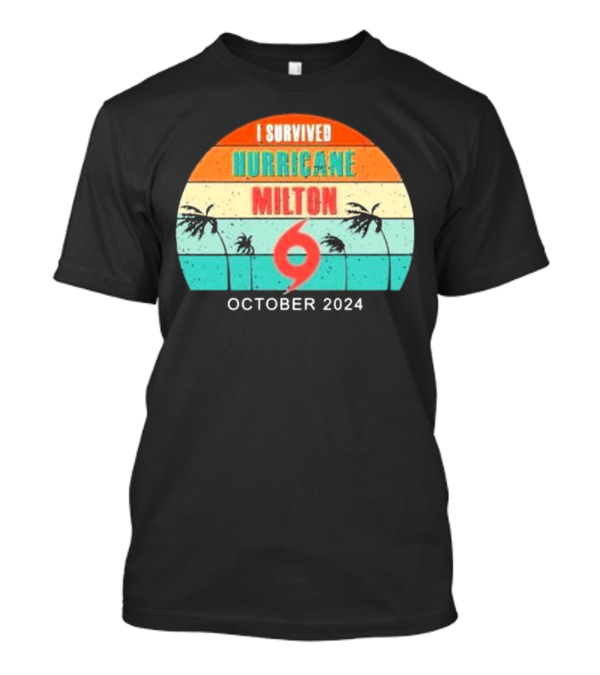 I Survived Hurricane Milton October 2024 Retro Stripe Palms Badge T-Shirt