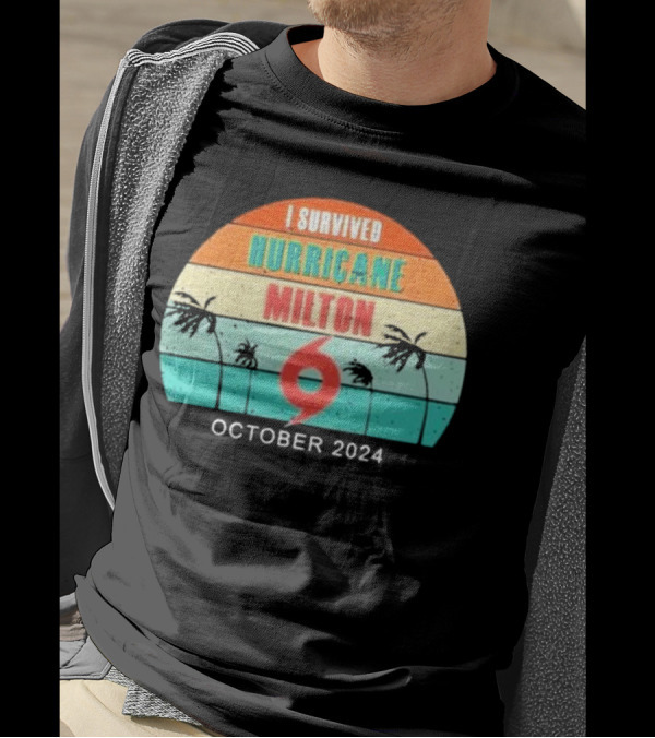 I Survived Hurricane Milton October 2024 Retro Stripe Palms Badge T-Shirt