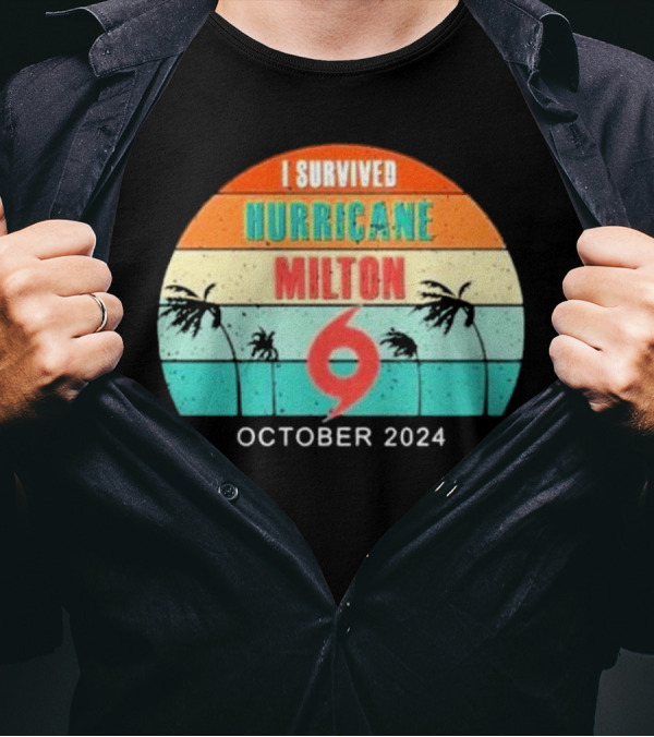 I Survived Hurricane Milton October 2024 Retro Stripe Palms Badge T-Shirt