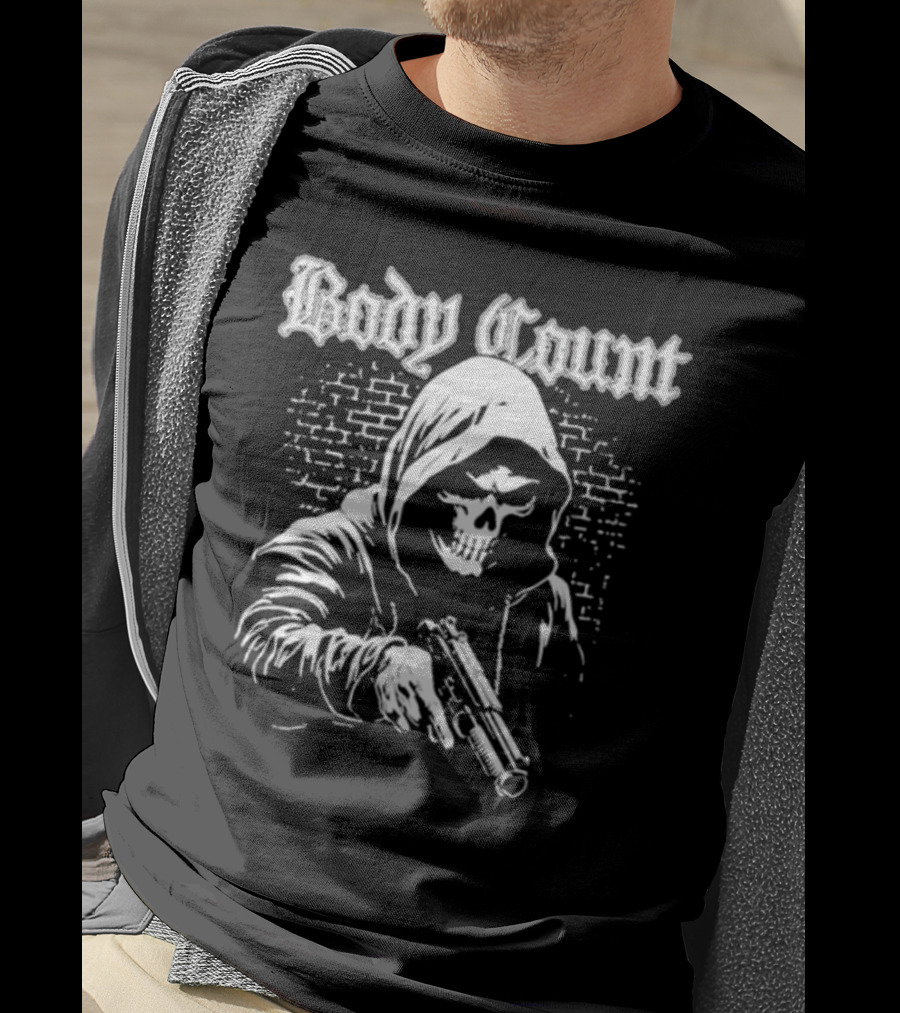 Body Count Hooded Skull With Gun Brick Wall Background T-Shirt