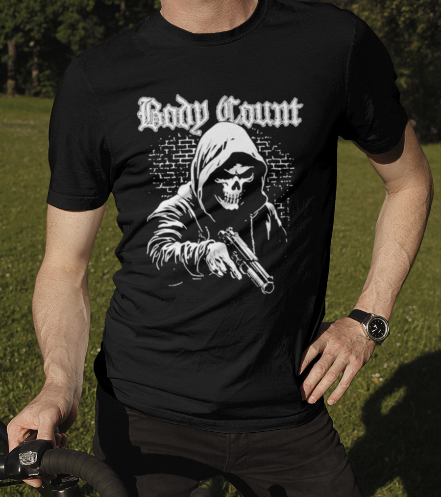 Body Count Hooded Skull With Gun Brick Wall Background T-Shirt