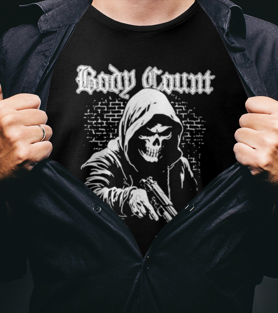 Body Count Hooded Skull With Gun Brick Wall Background T-Shirt
