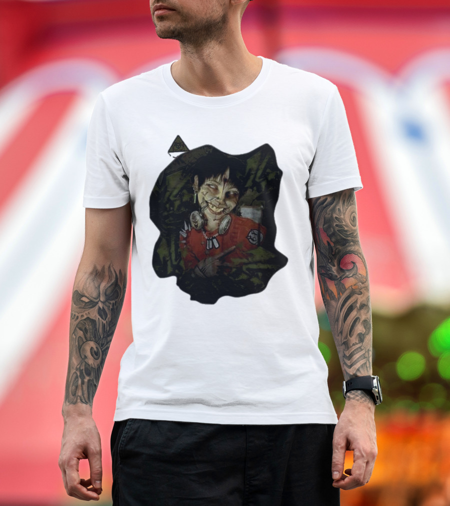 MG Ultra Kid Smiling Masked Figure with Red Outfit and Gas Mask Elements T-Shirt