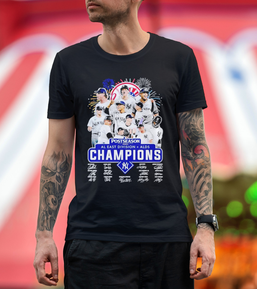 New York Yankees Postseason 2024 AL East Division ALDS Champions Signatures Players Fireworks T-Shirt