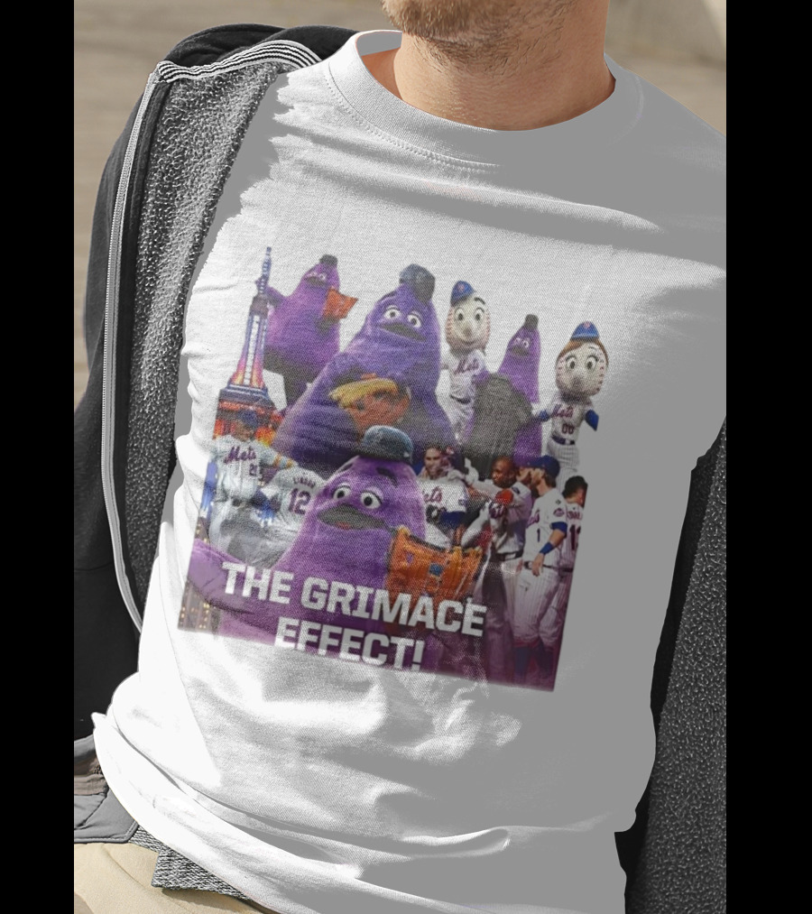 New York Mets The Grimace Effect Baseball Collaboration With Mascot Imagery And Player Interaction T-Shirt
