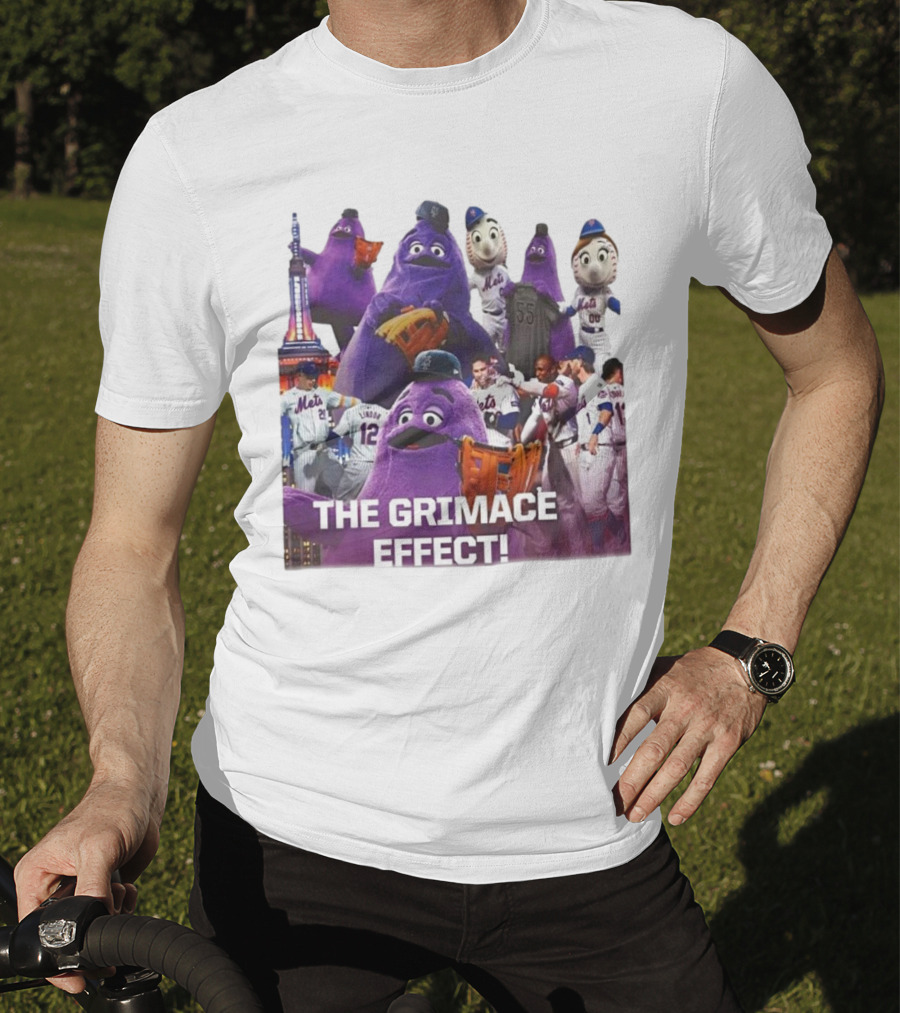 New York Mets The Grimace Effect Baseball Collaboration With Mascot Imagery And Player Interaction T-Shirt