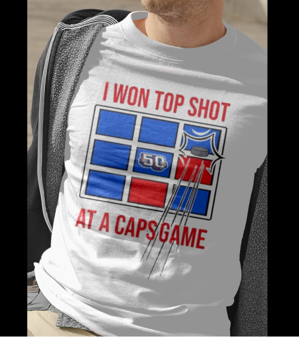 I Won Top Shot At A Caps Game 2024 Hockey Puck 50 Blue Red T-Shirt
