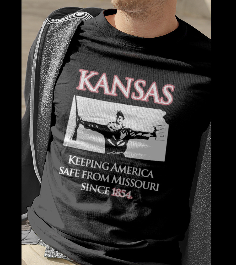 Kansas Keeping America Safe From Missouri Since 1854 Black Shirt With Armed Figure Holding Map And Gun T-Shirt
