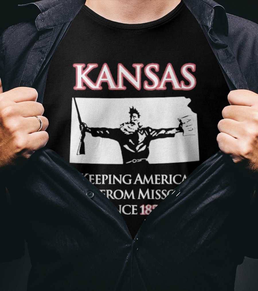 Kansas Keeping America Safe From Missouri Since 1854 Black Shirt With Armed Figure Holding Map And Gun T-Shirt