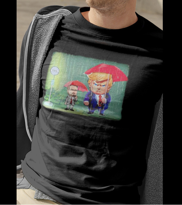 Trump And Vance Standing In The Rain 2024 Umbrellas Cartoon T-Shirt