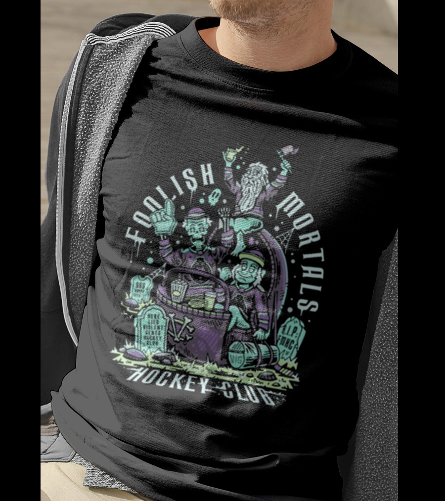 Foolish Mortals Hockey Club With Tombstones And Ghostly Characters T-Shirt