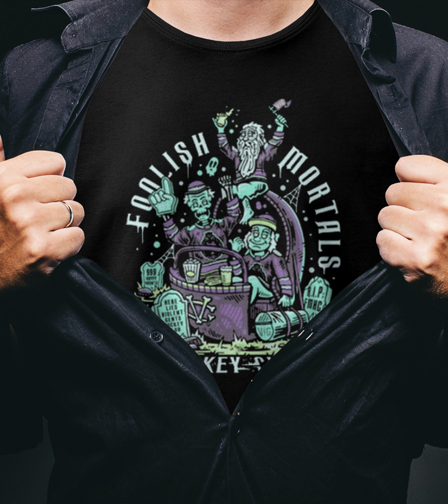 Foolish Mortals Hockey Club With Tombstones And Ghostly Characters T-Shirt