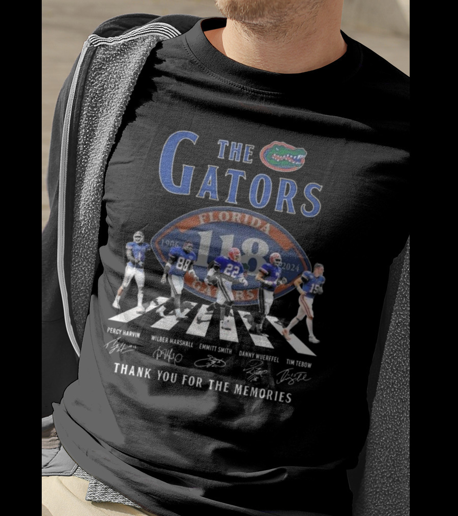 The Florida Gators 1906-2024 Signatures Of Percy Harvin, Wilber Marshall, Emmitt Smith, Danny Wuerffel, Tim Tebow Thank You For The Memories T-Shirt