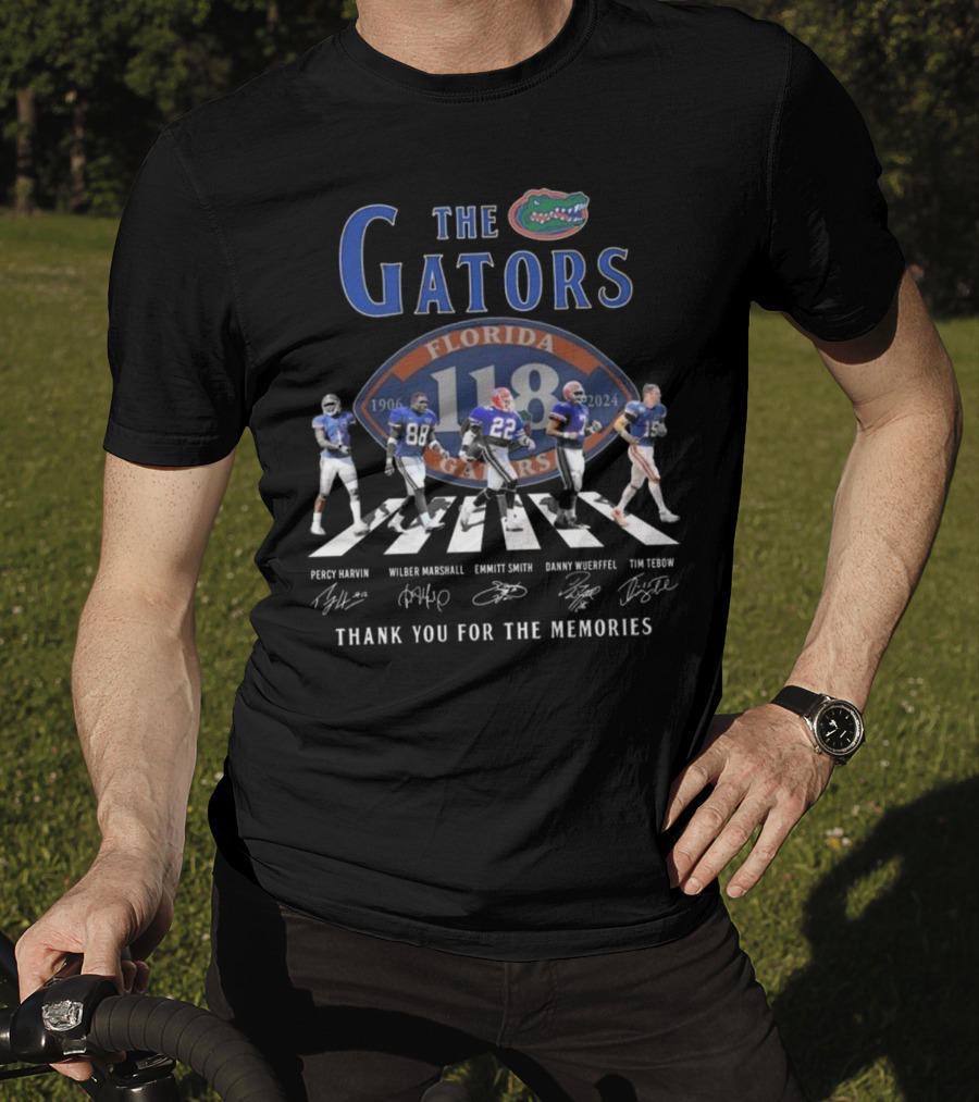 The Florida Gators 1906-2024 Signatures Of Percy Harvin, Wilber Marshall, Emmitt Smith, Danny Wuerffel, Tim Tebow Thank You For The Memories T-Shirt