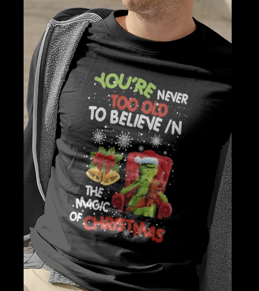 You're Never Too Old To Believe IN The Magic Of Christmas Grinch With Max Sitting IN Chair Snowflakes Holiday Bells And Bow T-Shirt