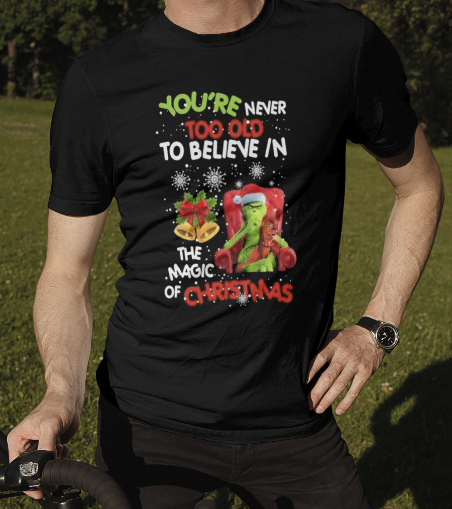 You're Never Too Old To Believe IN The Magic Of Christmas Grinch With Max Sitting IN Chair Snowflakes Holiday Bells And Bow T-Shirt